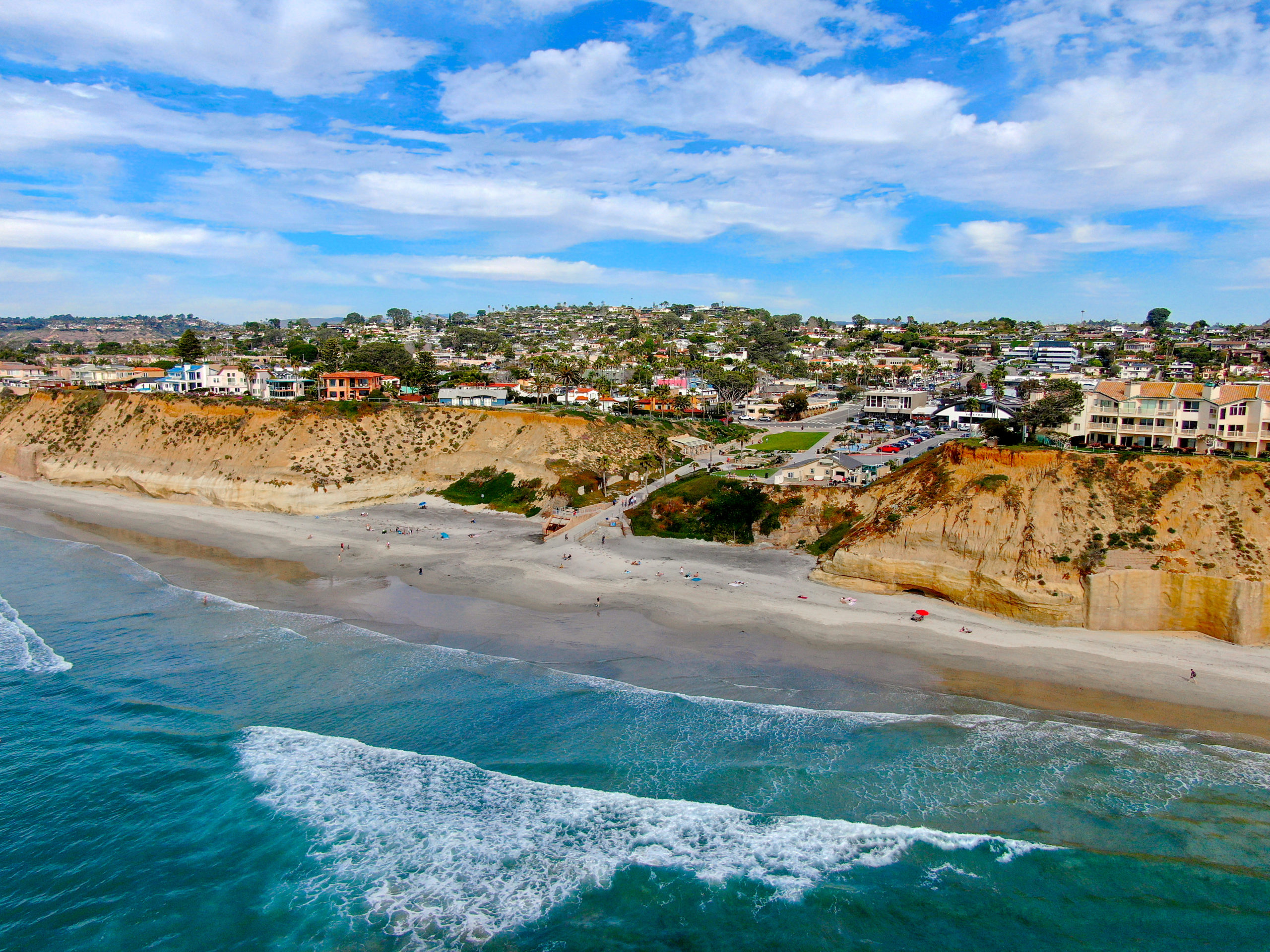 Aerial view of Solana Beach and cliff, California coastal beach with blue Pacific ocean. San Diego County, California, USA